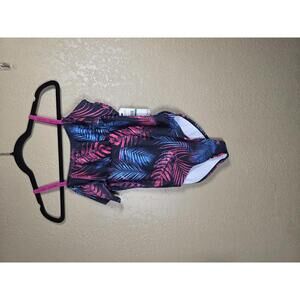 Calvin Klein Girls' One-Piece Swimsuit  Dark Tropical Palm, 12-14